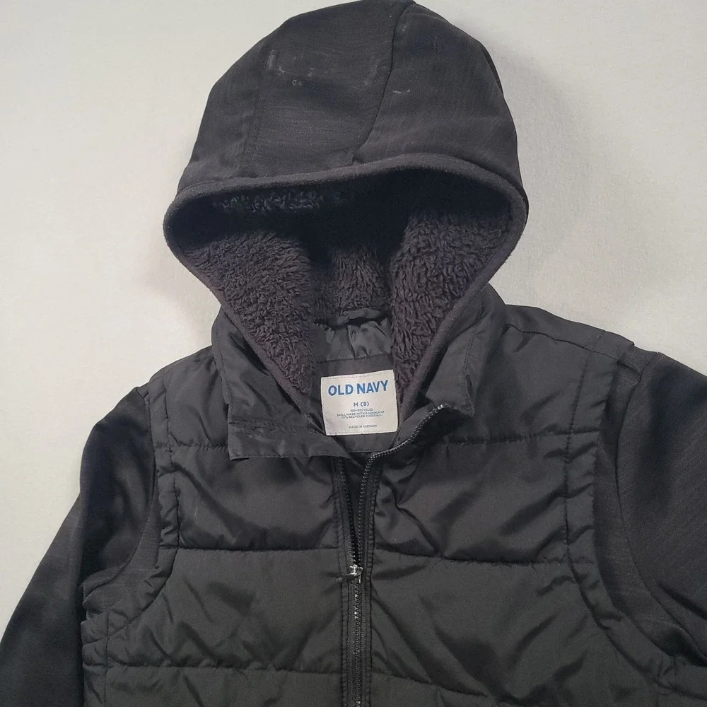Old Navy‎ Boys Hybrid Frost-Free Puffer Jacket M 8 Black Hooded Fleece